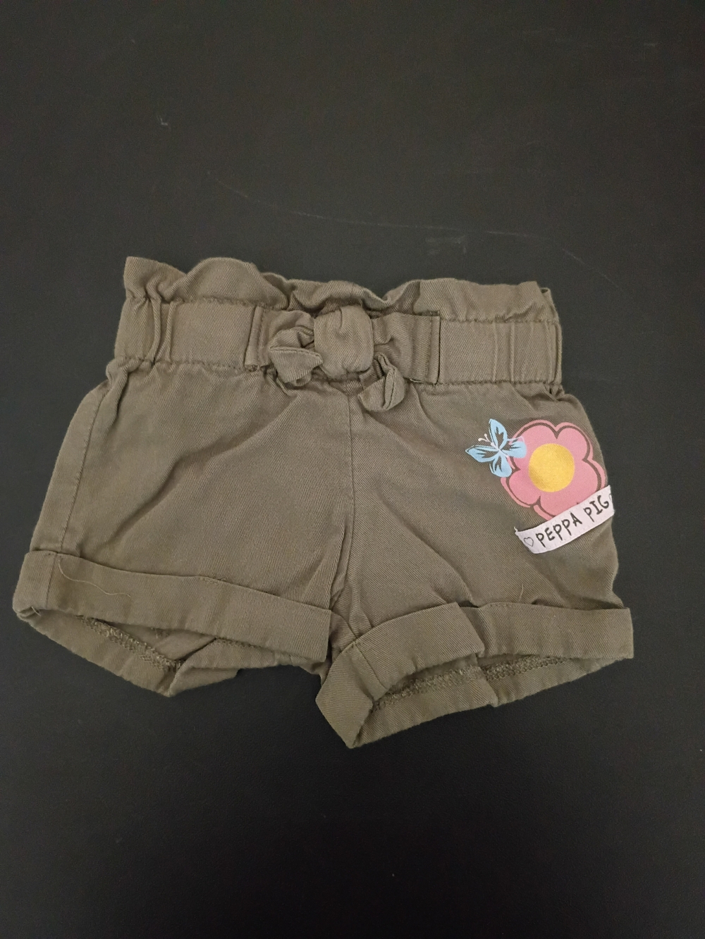 Peppa Pig Baby Girls Olive Green Twill Shorts with Paperbag Waist & Floral Patch